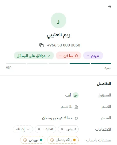بطاقة العميلة: الاسم والرقم، ووسوم «مهتم» و«ساخن» و«موافق على الرسائل»، وشريط المراحل من «جديد» حتى VIP، والمسؤول والمصدر «حملة: عروض رمضان»، والاهتمامات وتصنيفات واتساب